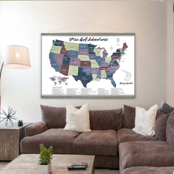 Personalized Disc Golf Gift, Add Name / Disc Golf Quote, Large USA Disc Golf Course Map on Canvas, List of Disc Golfing Locations in the US