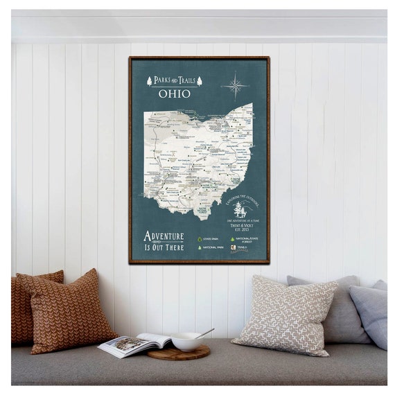 Ohio Adventure Map, State Parks, Forests & Hiking Trails, Gift for Husband, Personalized Ohio State Map, State Park List Canvas Push Pin Map