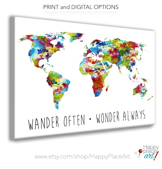 Bright Multicolor Watercolor World Map Poster Print, Suit Neutral Gender Nursery Bedroom World Map Art, Dorm Room Print or Family Travel Map