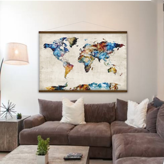 Large Map of the World for Office Wall,  World Map with Cities, Hanging Canvas, Optional Personalization, Neutral Color Executive Wall Art