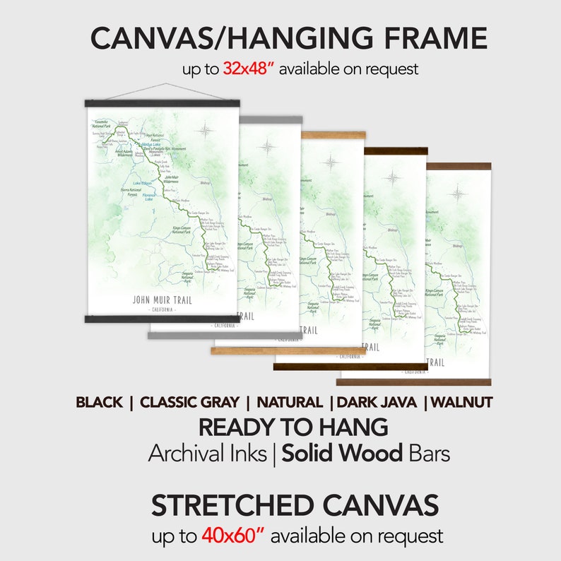 John Muir Hiking Trail Map, Exploring California Hiker Map Print, Framed Personalized Gift Idea for Hiker, West Coast Camper Wall Art Decor image 6