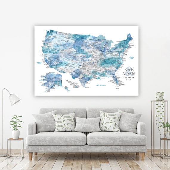 Personalized Map Gift for Husband Detailed USA with Cities & Capitals, Push Pin Maps available very Large size, Framed or unframed or Canvas