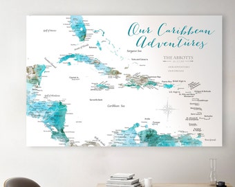 Custom Caribbean Map, Incl Optional Personalized Title and Legend / Motif, Map of Travels