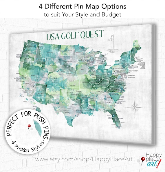 Personalized Golfing Family gift. USA map Golf themed print, poster, canvas or Push Pin Map of USA top golf courses, Digital Golfers gift.