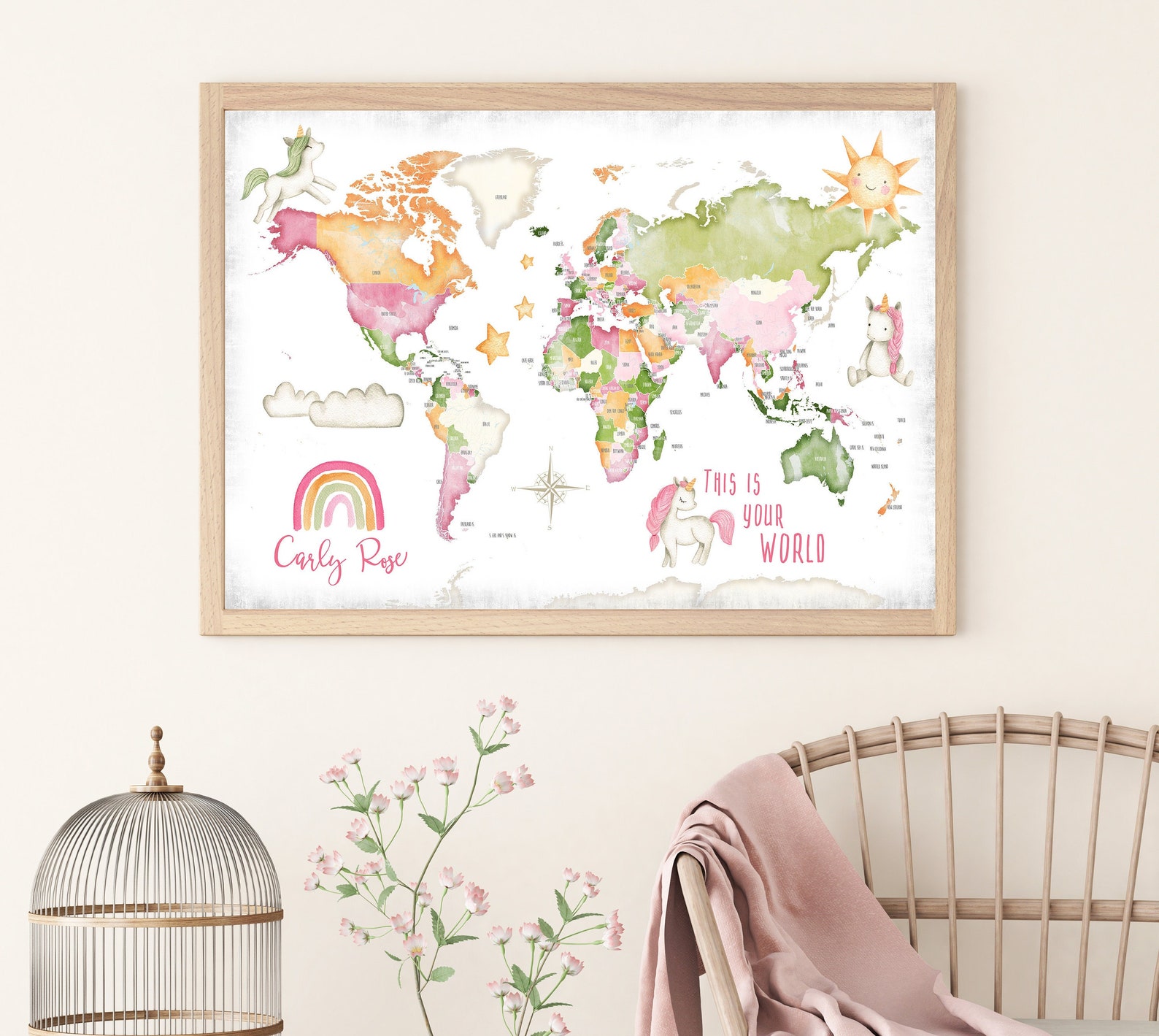 Personalized World Map for Nursery Children's Wall Map Etsy