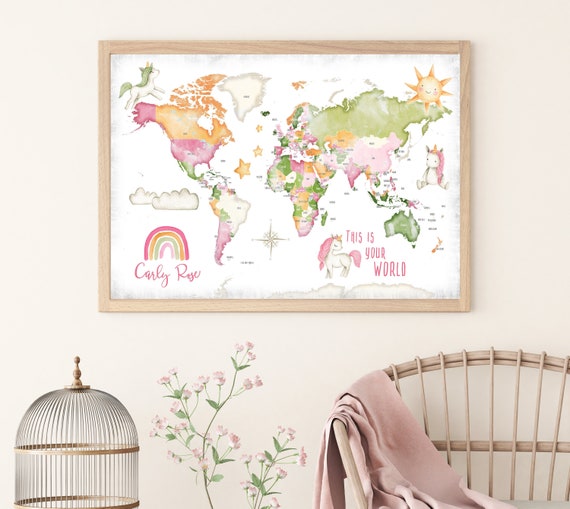 Personalized World Map for Nursery, Children's Wall Map, Unicorns & Rainbows Playroom Wall Canvas with Added Name (optional), Neutral Colors