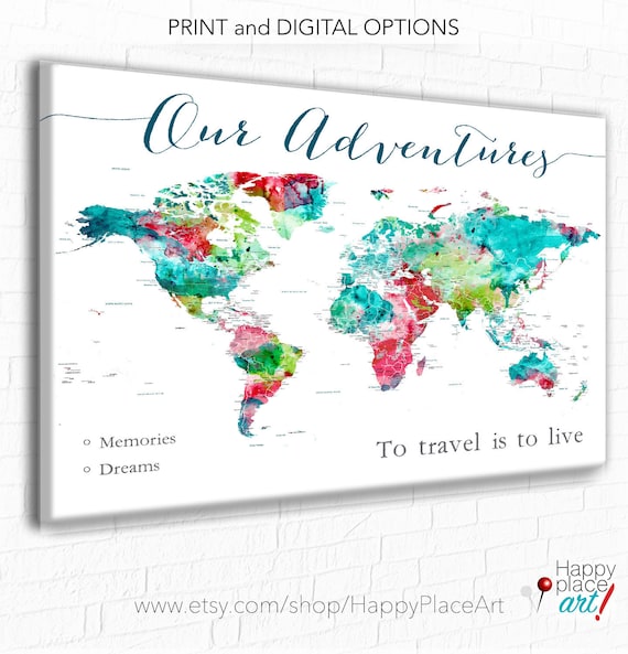 Our Adventures Travel World Map Wall Art, Push Pin Maps, Large World Map Poster Print, Adventure Awaits map, Personalized Map with Legend