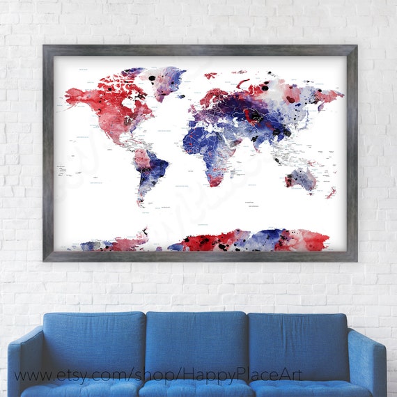 Teenage boy wall art, Teen bedroom, Masculine Print, World map for pins. Personalized Adventure Pinboard Map. Red White and Blue wall art