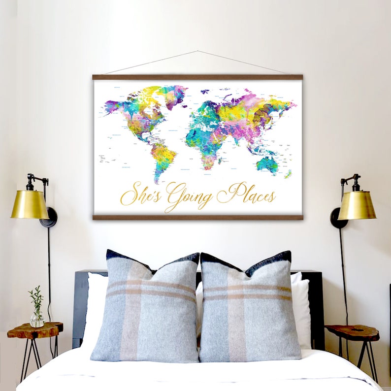 Pretty Canvas Map of the World, Personalized Map, Gift for Niece World Map Print, Large Dorm Wall Decor, She's Going Places Personalized Map image 6