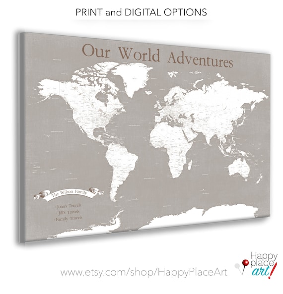 Push Pin Map of World with Cities, Light Taupe Wall Art, Adventure Map & Legend Option, Large Pin Board Map with Canvas, Poster or Printable