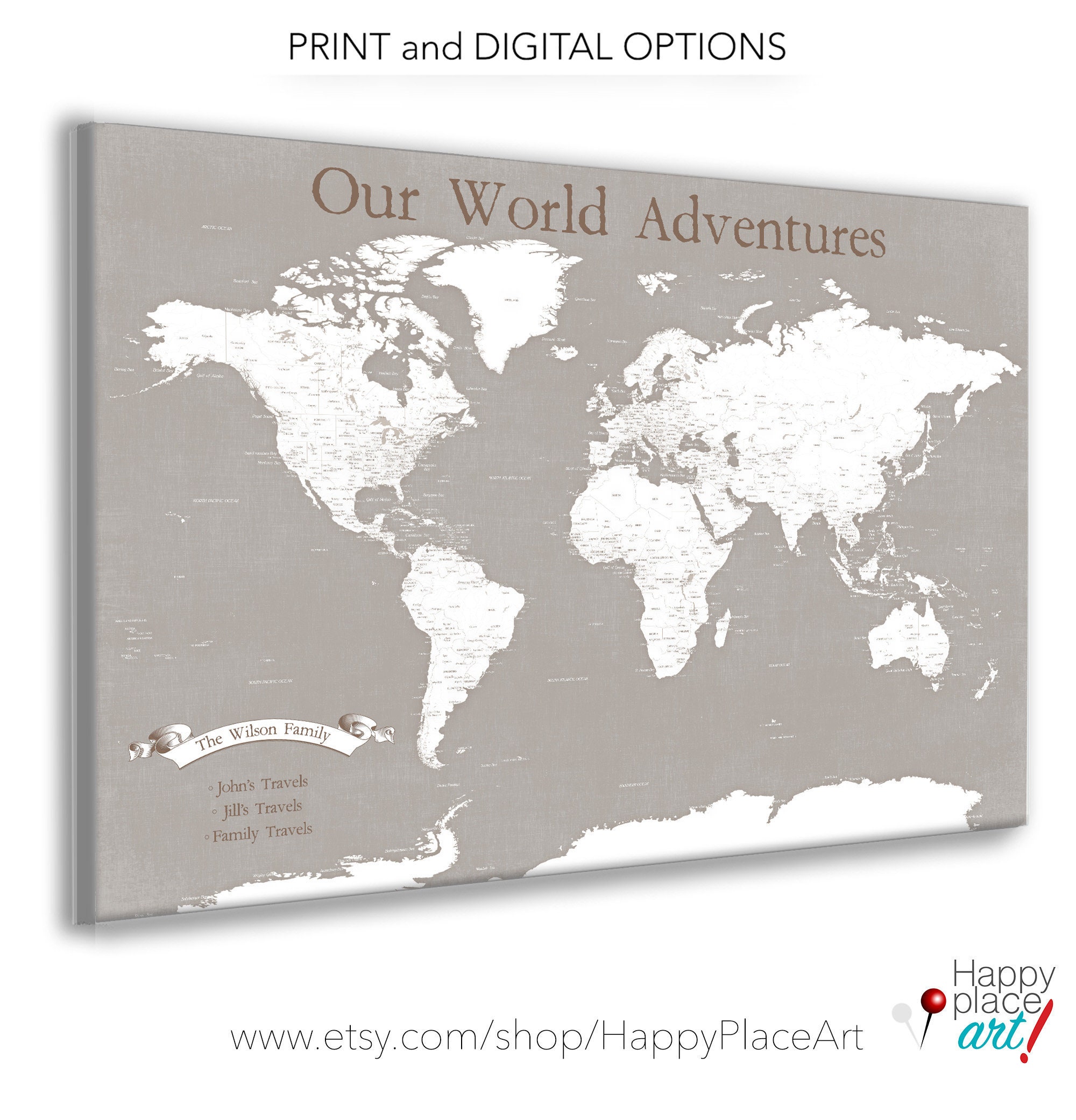 Pastel wall art push pin world map with personalized legend