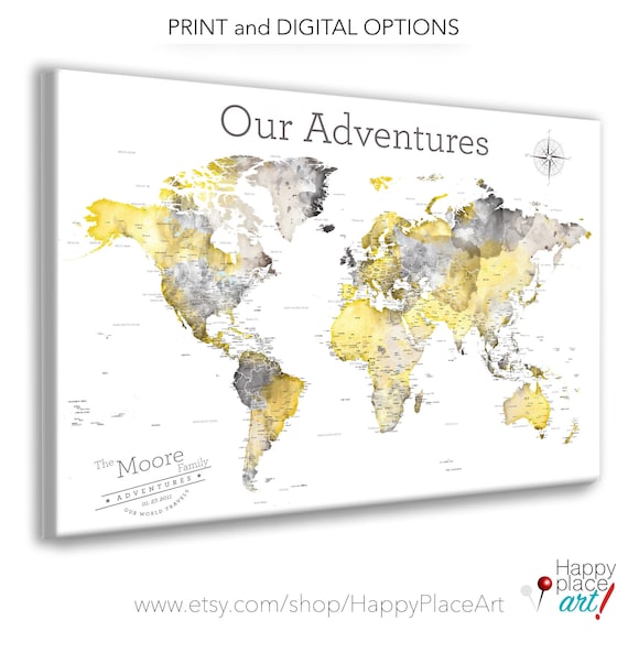 Adventure map Gift for young couple, Personalized Anniversary Print, Detailed Push pin map of the world, Yellow and Gray Large World map pin