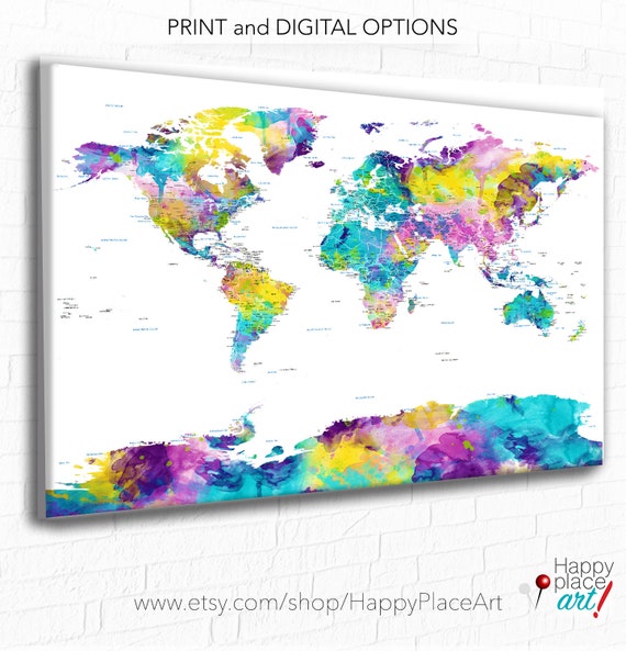 World Map Wall Art, mark travels with pins, World Map Print or mounted with foam board, Canvas art, Push Pin Map, Large detailed world map