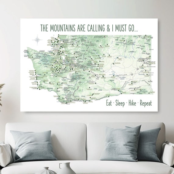 Detailed Washington Hiking Map with Parks and Trails, Mountains of WA Poster Nature Trails for Hikers, Large Wall Map Washington State Print