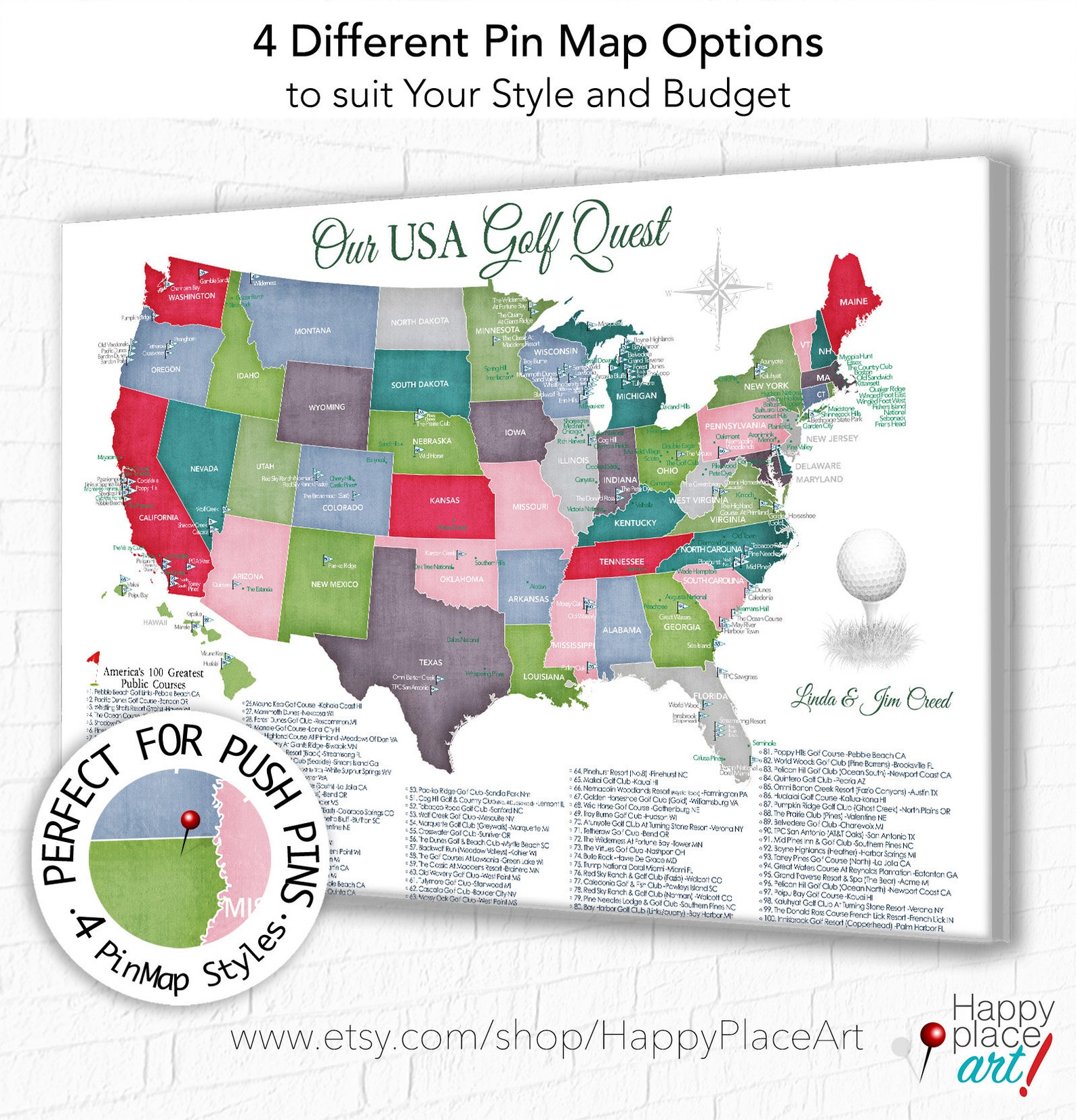 Top 100 Public Golf Courses Map of USA Gift for Golfer Etsy