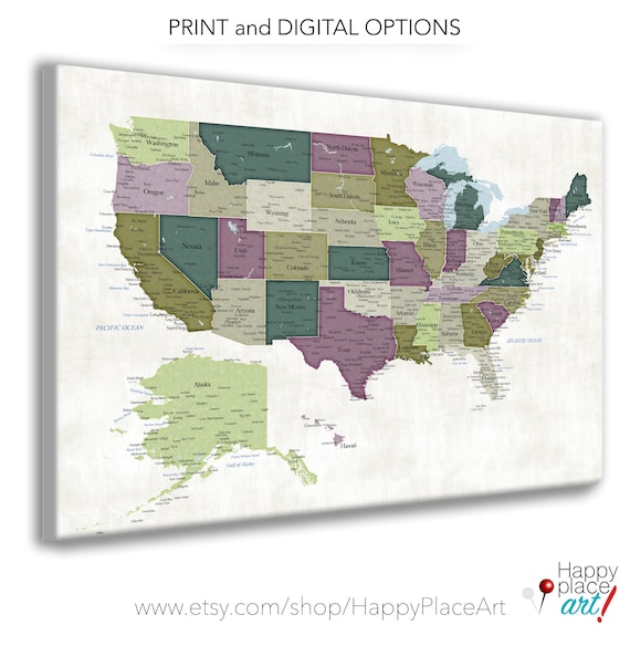 Map of USA with states and cities. US push pin map with poster or canvas map options. Mark vacation travel locations on a large wall map.