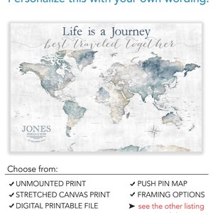 Life is a Journey Best Traveled Together, World Map for Adventure Push Pin Map Legend, Watercolor Map Print, Canvas, Anniversary Pin Map image 10