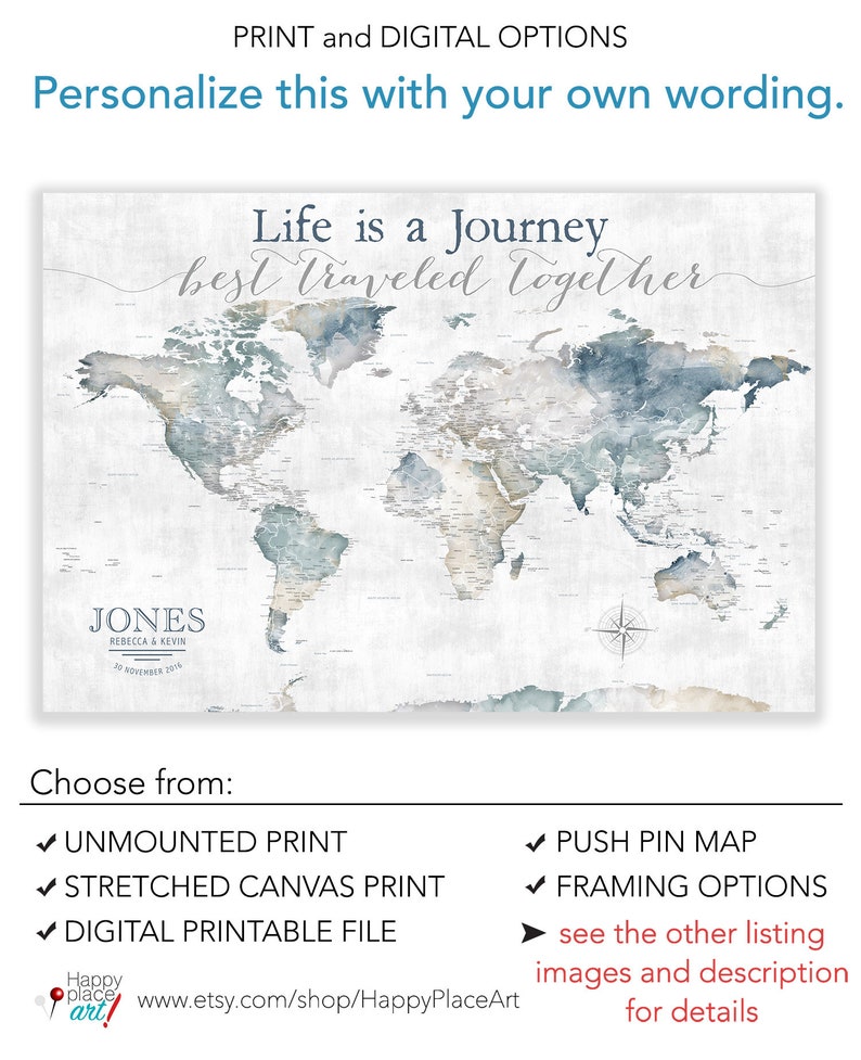 Life is a Journey Best Traveled Together, World Map for Adventure Push Pin Map Legend, Watercolor Map Print, Canvas, Anniversary Pin Map image 10