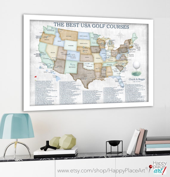 Golf gifts for men, Map of USA golfer locations. Top 100 public courses and many more places to tick off your Golfing Bucket List wall map