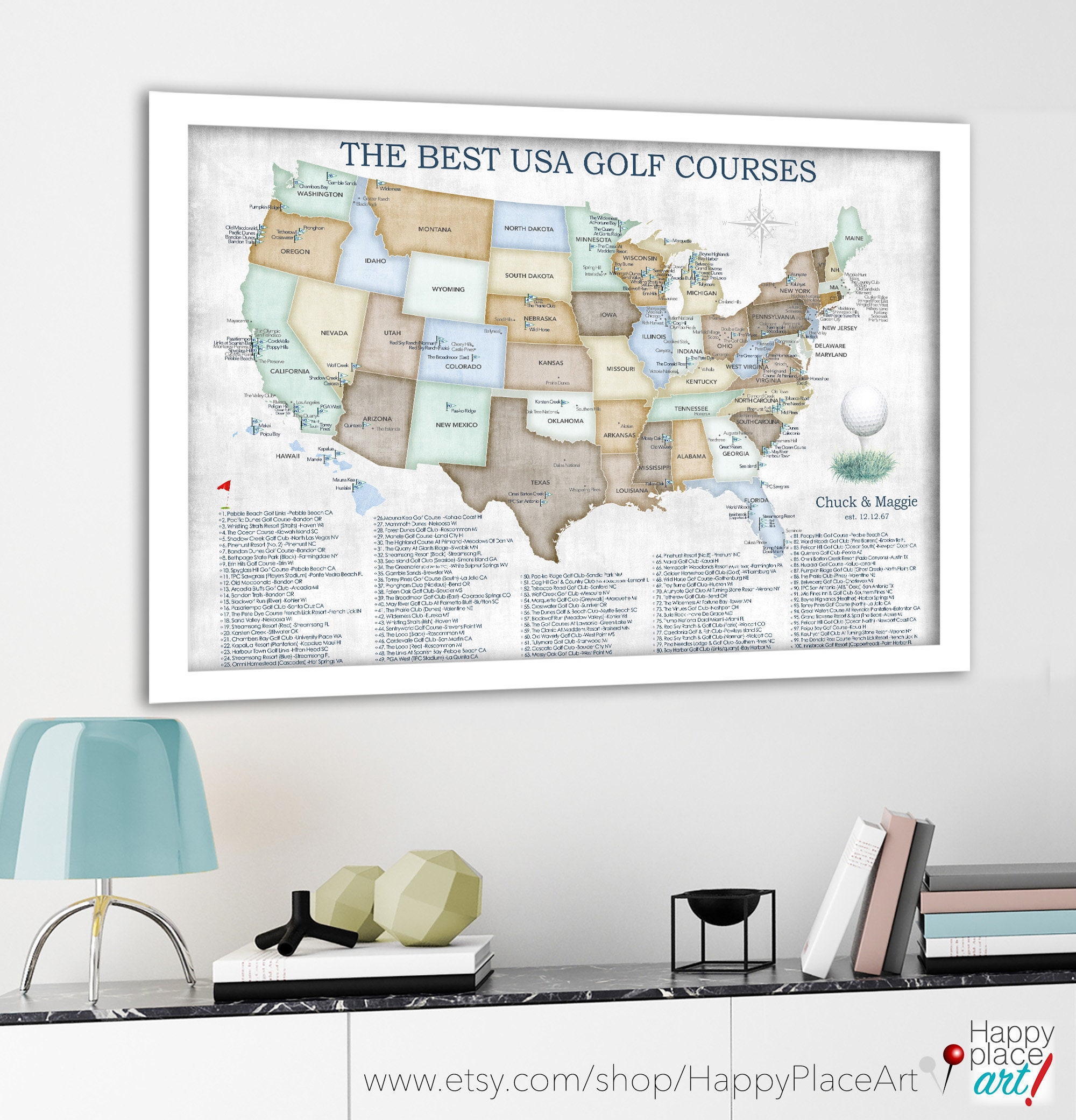 Golf gifts for men, Map of USA golfer locations. Top 100 public courses and  many more places to tick off your Golfing Bucket List wall map