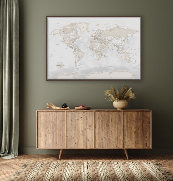 Gift for Husband, Man Cave Wall Art, Travel Theme Present, World Map PUSH PIN MAP, Canvas World Map, Large Beige Print, Adventure Map Art