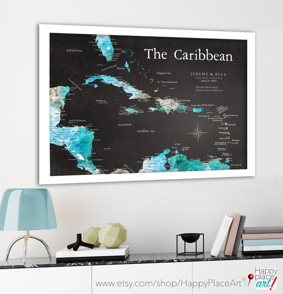 Caribbean Push Pin Map, Track Island Adventures and Cruises around the Caribbean area.  Perfect gift for cruise, island lovers, tropical art