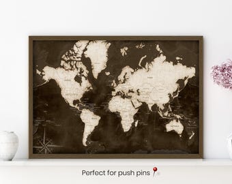 May include: A framed world map with a brown background and white countries. The map is perfect for marking travel destinations with push pins.