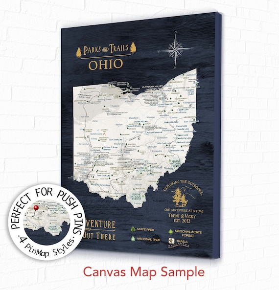 Push Pin Map of State of Ohio Map, Personalized Map with Ohio State Parks USA List, Hiking Trail Canvas Gift for Girlfriend, USA Parks Map