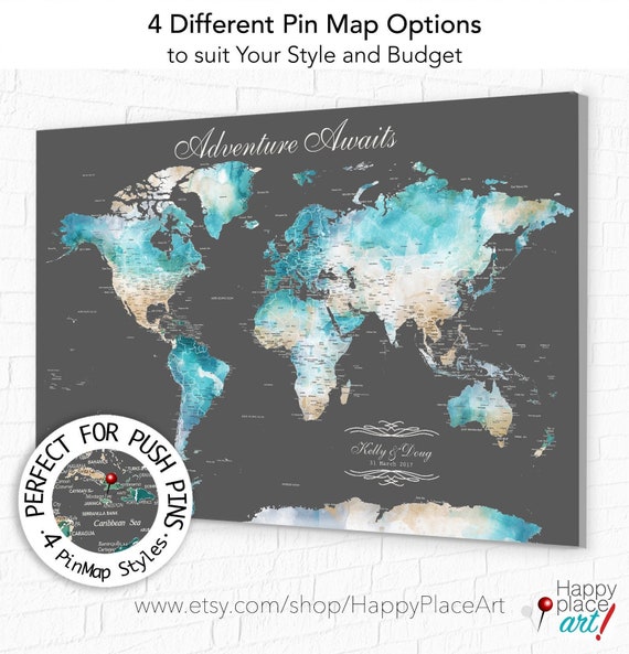 Traveling Family, Adventure Awaits Map, Push Pin Map Key, Personalized Map Gift, Large Wall Map, Canvas Map, Print, Framed, Pin Map Wall Art
