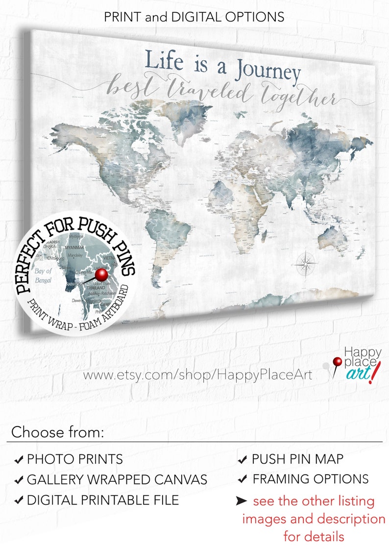 Life is a Journey Best Traveled Together, World Map for Adventure Push Pin Map Legend, Watercolor Map Print, Canvas, Anniversary Pin Map image 7