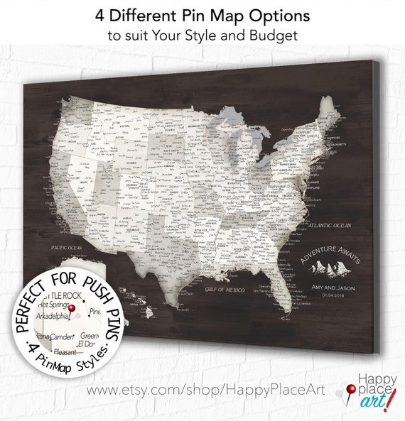 Personalized USA map with detailed city names included. Chocolate Brown US Push Pin Map with Legend. Retirement Party or Couple Travel Gift