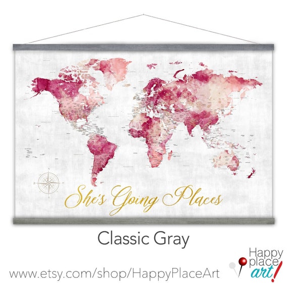 Blush Pink and Cream Nursery World Map, Baby Girls Wall Map Art Print, Pink and Red Wall Map of The World, She's Going Places Hanging Canvas