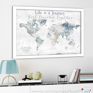 Life is a Journey Best Traveled Together, World Map for Adventure Push Pin Map Legend, Watercolor Map Print, Canvas, Anniversary Pin Map image 5