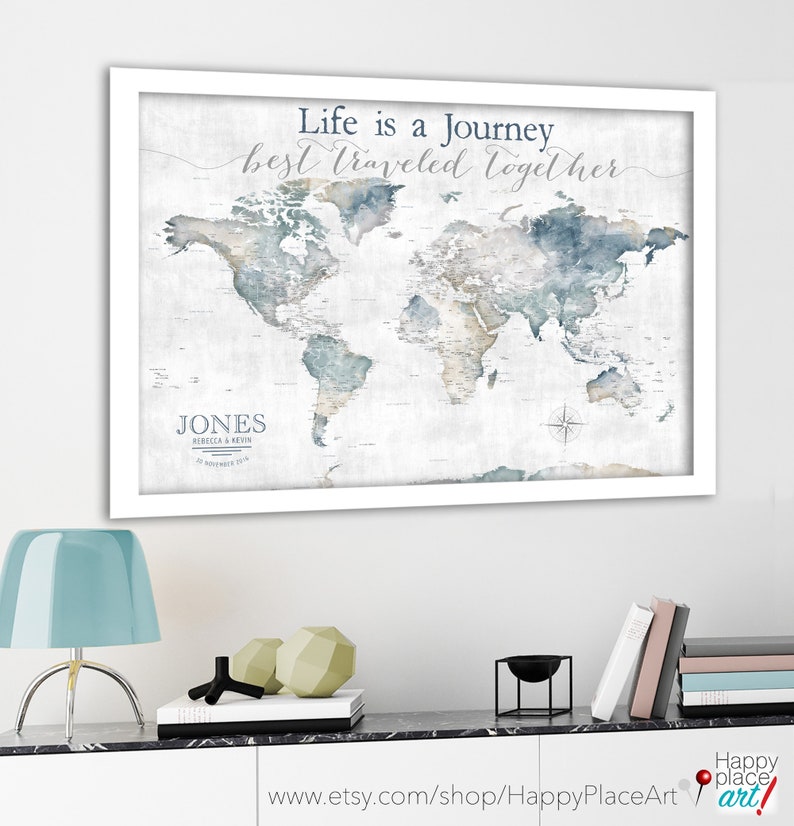 Life is a Journey Best Traveled Together, World Map for Adventure Push Pin Map Legend, Watercolor Map Print, Canvas, Anniversary Pin Map image 5