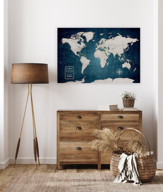 Executive Style World Map, Office Wall Decor, Personalized Print or Canvas Floating Framed Push Pin Map, Golden Anniversary Gift forParents