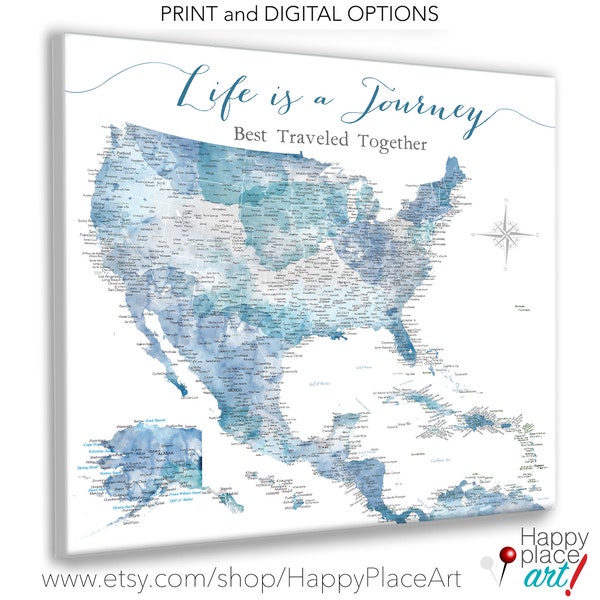 Large Caribbean, USA Canvas Map, Family Travel Map Second Cotton Anniversary Gift, Sailing Bahamas Print Push Pin Adventure Map for Husband