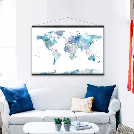 Modern Office Wall Art, Blue and White Watercolor World Map, Canvas of World Map, Detailed Map of the World, Anniversary Gift for Parents