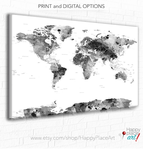 Gift for husband, Black and white Wall Art, Large World map in black and white, Grayscale, Oversized map, Personalized for Husband