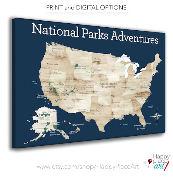 Personalized Gift for Hiker, Outdoor Active Family Gift , US National Park Map, Push Pin Map with National Parks Listed, Canvas USA park map