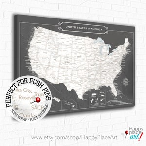 Large Office Style Map Art Gift for Dad, Neutral Color Travel Push Pin USA Map for Father's Birthday, Classy Black, White & Beige Wall Decor image 7