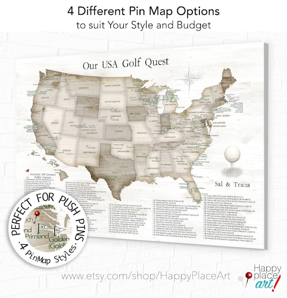 Golf gift  for Husband, Wall Map of USA golf Courses. Top 100 Public Golf course in USA, Mark off Golfing Bucket List, Golf Push Pin map