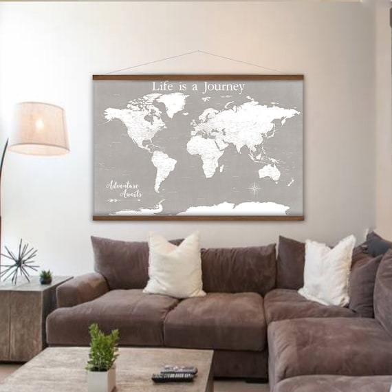 Life is a Journey, Detailed Travel World Map Canvas, Office Wall Art, Adventure Awaits Map of the World, Neutral Executive Large Wall Print