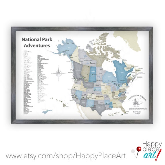 National Parks Map of USA and Canada Canvas, Print or Push Pin Map, List of Parks, Custom Hiking Family Gift, Camper Decor, Trekking Gift