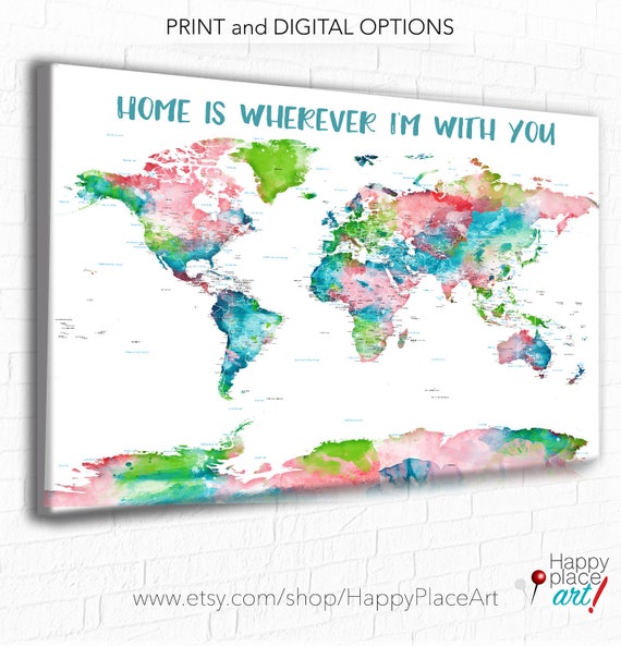 World Map Push Pin, Colorful world map, Personalised World Map, Added Text, World map with message, Personalised Print for, Coral and Aqua