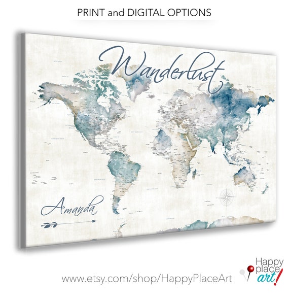 Wanderlust World Map for Single Traveler or Family World Map, Add Own Personalized Map Title, Gift for Homecoming, Boyfriend Gift, Pin map