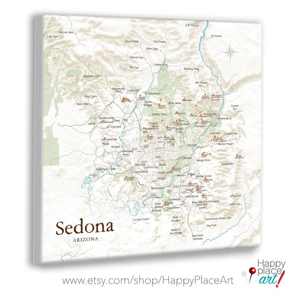 Sedona Map, Arizona Adventures Outdoor in Arizona, Hiking Trails and Peaks, Personalized Family Push Pin Map, Arizona Canvas Art or Poster