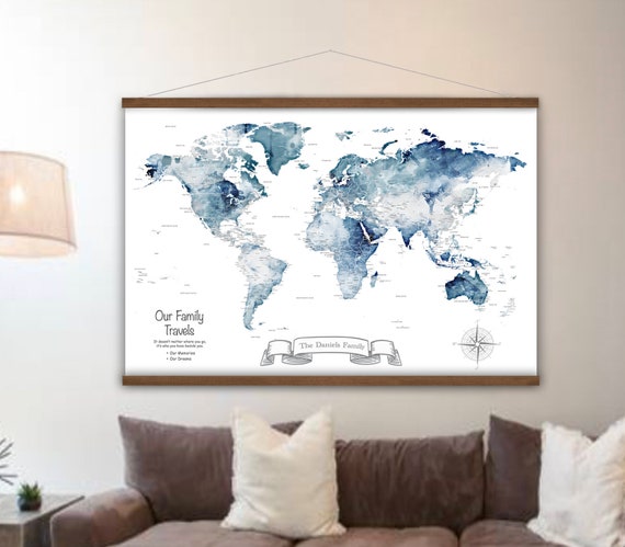 Navy and Gray World Canvas Map, Large Wall Map Art Print, Personalised Map of The World, Watercolor Map with city labels, Anniversary Map