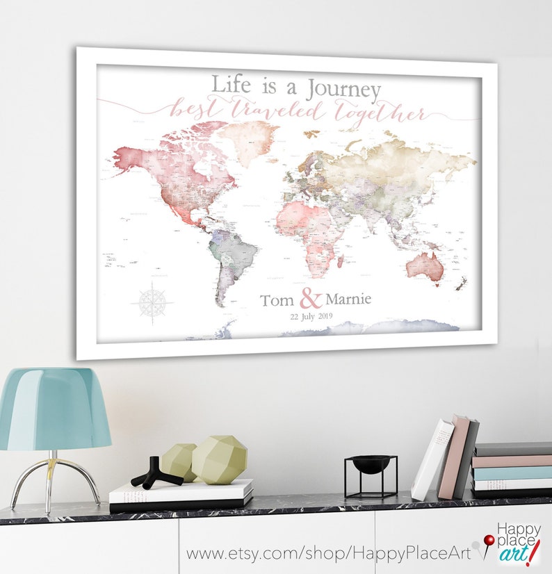 Anniversary World Map. Push Pin map Detailed USA states and cities. Romantic Travel Map with Names and Date, Framed world map Gift for wife image 1