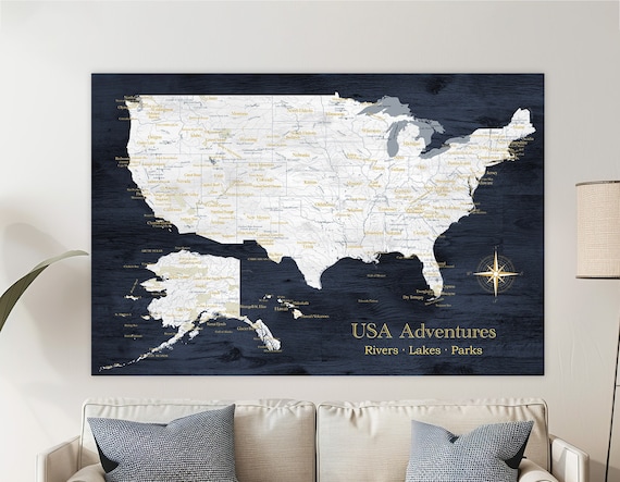 Rivers and National Parks of the USA Push Pin Map with States, US Kayaking map, Personalized Fishing Gift for Husband, Dad's Man Cave Art