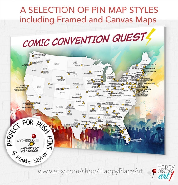 Gift for Comic Book Fans with List of Comic Conventions Locations in USA Map, Unique Gift for Fan of Cosplay Superheroes Science Fiction Art